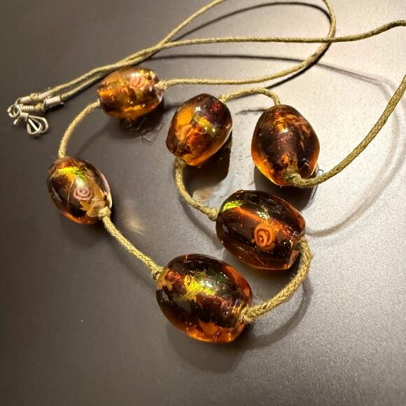 Handcrafted Artisan Amber & Green Glass Beaded  Necklace - Picture 5 of 7